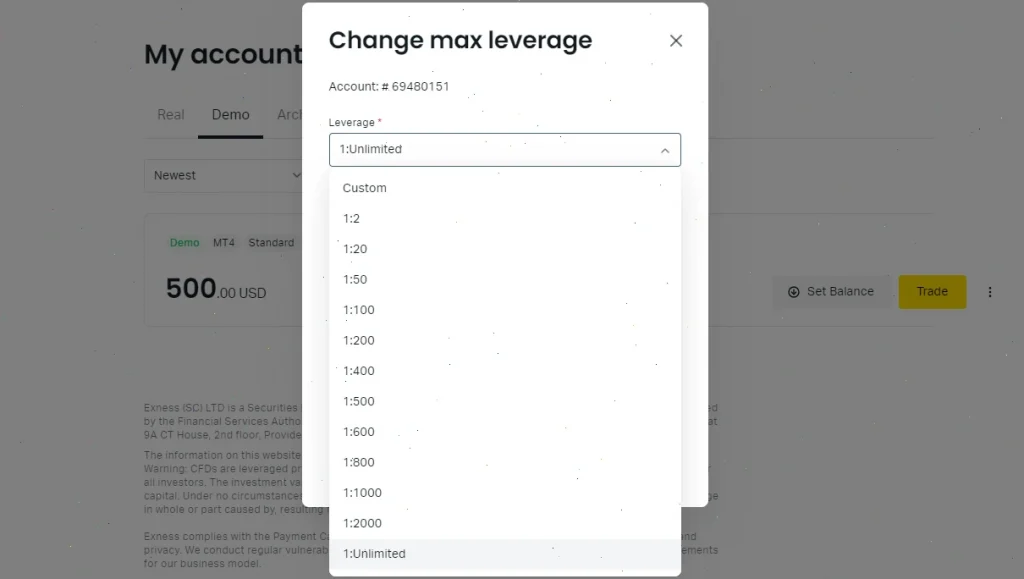 change leverage exness