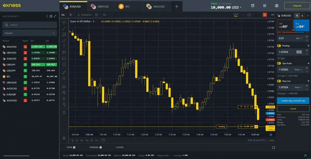 demo exness terminal interface