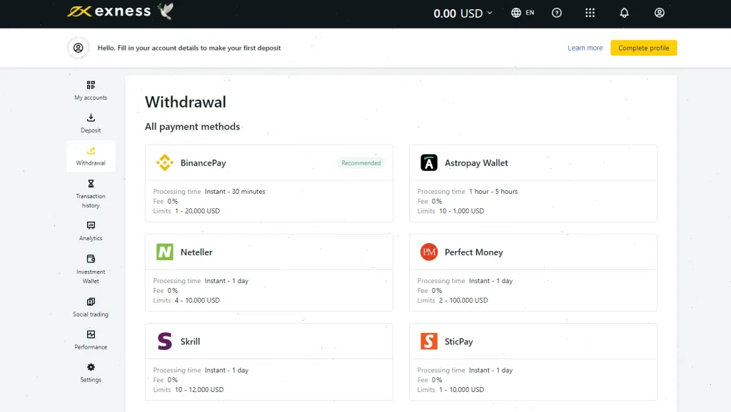 withdraw methods exness